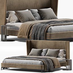 "Blender 3D model of Bed Cattelan Ludovic with symmetrical fullbody rendering, grey metal body, and dark-toned product photos. The bed measures 238 x 231 x 130 cm with 425.0214 polys and is optimized for cycles render."