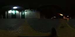 360-degree HDRI view of an underground parking lot with clear signage and realistic lighting for 3D scene illumination.