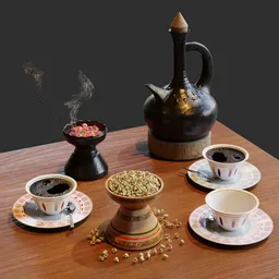 "3D model of a detailed Ethiopian coffee serving set, perfect for commercial or interior design projects. Created in Blender 3D, this asset includes multiple cups and saucers with unique Middle Eastern style vendors. Rendered with high-quality DAZ3D Genesis Iray shaders for exceptional realism and detail."