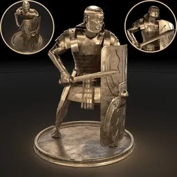 Detailed 3D Roman legionnaire statue in Blender with realistic armor, shield, and sword, crafted in precious metal.