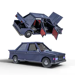 "Lowpoly car 3D model for Blender 3D: A retrofuturistic vehicle with open doors, trunk, and detailed interior. Inspired by Yuri Ivanovich Pimenov's style, this air technology car features articulated joints and a fine fiberglass finish."