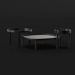 "Three sleek modern coffee tables, designed for individual or combined use, in disassembled form and with ultra-high definition details – perfect for Blender 3D rendering projects."