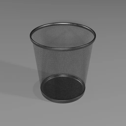 Detailed 3D rendering of a hexagonal mesh office trash can optimized with alpha texture for Blender.