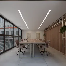 Modern 3D model of a coworking creative space with a conference table, chairs, and bookshelves, natural lighting, and urban view.