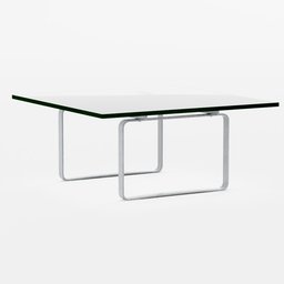 "Metal and glass top modern coffee table with clear lines and modular constructivism design. Elegant furniture piece with black and monochromatic green color scheme. 3D model by Blender."