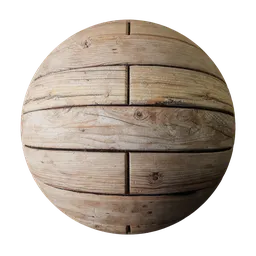 Realistic 2K PBR wooden plank texture for 3D flooring with detailed knots and displacement mapping for Blender and other PBR-compatible apps.