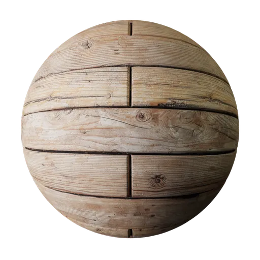 Realistic 2K PBR wooden plank texture for 3D flooring with detailed knots and displacement mapping for Blender and other PBR-compatible apps.