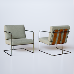 "Modern armchair made of fabric, steel and leather designed by Sier for Blender 3D modeling. Photorealistic metallic surfaces with tonal topstitching and rhodium wires inspired by artist Lyubov Popova. Separated game asset suitable for furniture category."