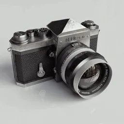 "Blender 3D model of a detailed Nikon F camera with a lens resting on a white surface. This 3D model is photo-realistic and includes intricate details such as a flat shaped chrome relief. Inspired by Dick Bickenbach, this masterpiece is perfect for anyone searching for a high-quality 3D model of a Nikon F camera."
