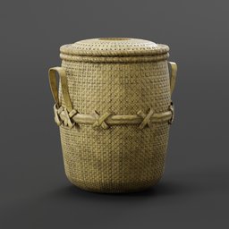 "3D model of a clean bamboo woven basket with handles and lid, created in Blender 3D. Perfect for art and game assets, museum exhibits, and realistic 3D renders. Inspired by the works of Chinwe Chukwuogo-Roy and Albert Anker."