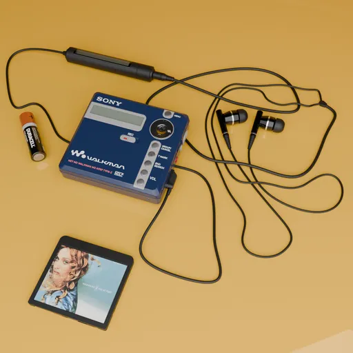Detailed Sony Minidisc 3D model with headphones, battery, and Madonna album for Blender.