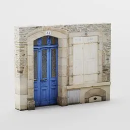 Detailed low-poly Blender 3D model of a vintage stone building with a vibrant blue door and window shutters.