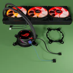 Detailed 3D model of a CPU water cooler with RGB lights, fans, hoses, and hooks for AM4/TR4 sockets in Blender.