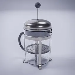 "French Press Coffee Maker - Glass and Metal Container for Blender 3D. This high-quality 3D model features a detailed glass coffee pot with a metal lid, perfect for creating realistic renders in Blender 3D software. Ideal for coffee enthusiasts and game developers looking for a trending and visually appealing asset."