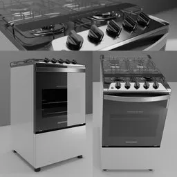 "3D model of Brastemp BF04NBB stove with stove top oven and sleek metal design for Blender 3D kitchen sets. High-quality rendering for realistic black and white imagery by Fernando Gerassi. Perfect for metaverse concept art and architectural visualization. Official product photo and dynamic comparison included."