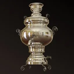 Highly detailed reflective 3D Persian Samovar model with intricate design, ideal for Blender 3D rendering.