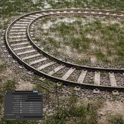 Detailed 3D model of curved railway tracks with realistic textures created in Blender.