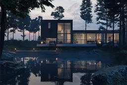 View of the luxurious villa with a pond at sunset