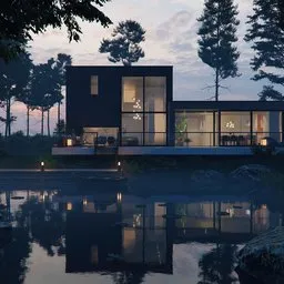 View of the luxurious villa with a pond at sunset