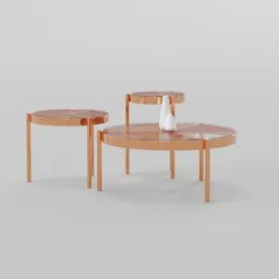 3D rendered wood coffee table set with decorative vase, designed in Blender, showcasing realistic textures and lighting.