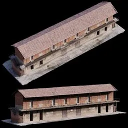 Detailed 3D model of an old red brick building with high-resolution textures for Blender rendering.