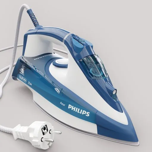 Detailed 3D rendering of a modern steam iron for Blender, showcasing realistic textures and design elements.