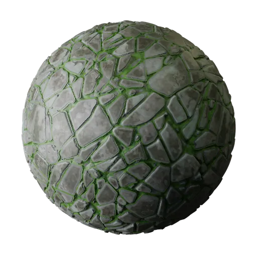 High-quality PBR stylized cobblestone tile texture for 3D Blender projects, with detailed stone and moss.