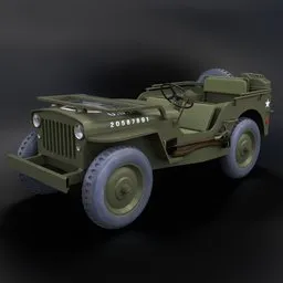 "Get game-ready with our highly detailed U.S. WWII 1944 Ford GPW Jeep 3D model, inspired by George Bogart and created using Blender 3D software. Perfect for military game assets and classic car 3D renders. Also known as the Willys MB, this rigged model is ready for action."