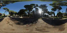 360-degree HDR panorama of Piazza Martin Lutero with sun filtering through trees, created by Greg Zaal.