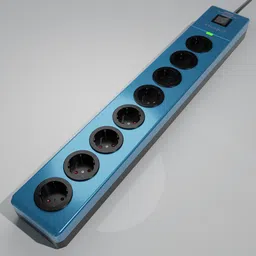 Highly detailed Blender 3D model of an 8-way power strip, exhibiting realistic textures and materials, ideal for industrial-themed renders.