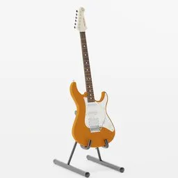 Highly detailed electric guitar 3D model on stand, suitable for Blender rendering and game asset design.