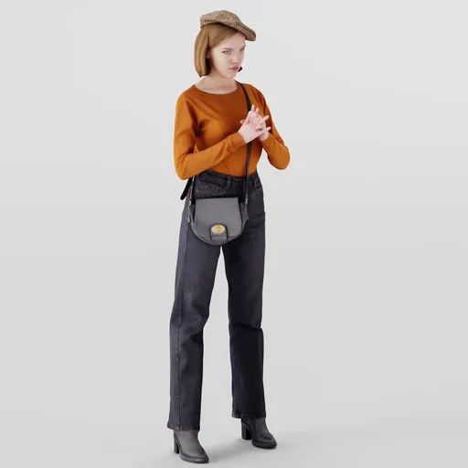 3D model of a stylish woman with cap and boots standing confidently, hands clasped, perfect for Blender urban scenes.