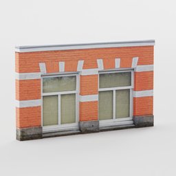 "Low-poly red brick building front 3D model for Blender 3D, made from a photo scan. Designed with two side windows and perfect for house modeling projects."