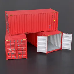 Detailed 3D model of red 20ft shipping container with movable doors, suitable for game asset development in Blender.