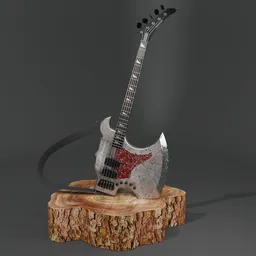 "Joboline Axel and Bass, an award-winning 3D render of a hi-tech electric 5-string bass guitar made of wood, metal, and decorative ornaments on a wooden stand. Designed with proven technology from Sandberg and available as a Blender 3D model for product visualization and symbolization, but not for chopping wood."