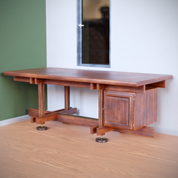 Detailed 3D model of a large vintage wooden desk with brass detailing, suitable for Blender renderings.