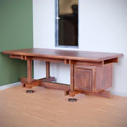 "Vintage inspired wooden desk with a drawer, designed by Carlo Scarpa and rendered in Blender 3D with global illumination and depth blur. Features wood veneer and brass accents. Perfect for mid-century and Polynesian inspired interiors."