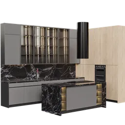 Detailed 3D rendering of a modern kitchen with marble counters and sleek cabinets designed for Blender.