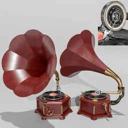 Detailed 3D model of antique gramophone with animated parts and mahogany finish, optimized for Blender rendering.