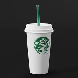 "Blender 3D model of a Starbucks coffee cup with a green lid and a straw on a black background. Perfect for mobile game icons and physically-based rendering. A professionally crafted everyday object with a white finish, ideal for creating realistic scenes in Blender 3D."