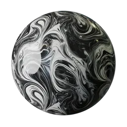 High-contrast black and white marble material with swirling patterns for PBR texture creation in 3D modeling applications.