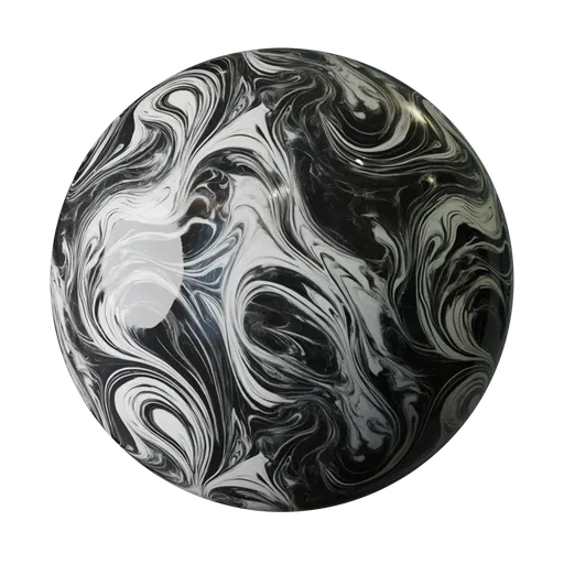 High-contrast black and white marble material with swirling patterns for PBR texture creation in 3D modeling applications.