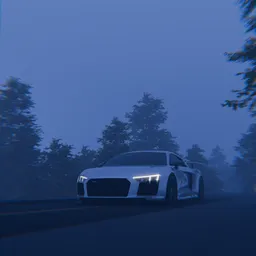 Sports Car – Misty Forest Road Scene