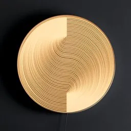 "Enhance your space with this elegant gold circular wall-light sculpture featuring wooden designs and loop lighting. Created by Lars Jonson Haukaness and modeled in Blender 3D, it boasts minute details and flowing rhythms while showcasing a lunar horizon. Perfect for adding a touch of ukiyo to any room."