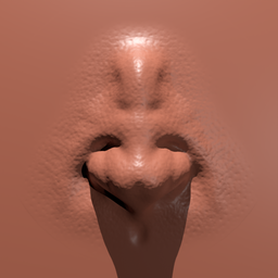 3D sculpting brush detail creating realistic male nose anatomy with textured pores for Blender models.