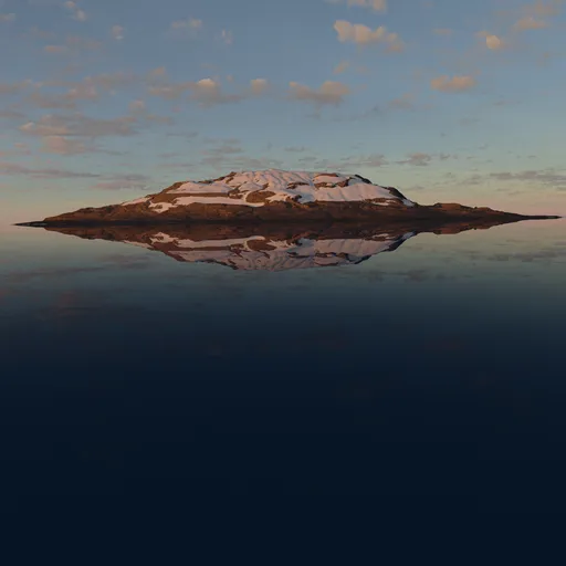 Highly detailed snowy mountain island 3D model reflecting in water, perfect for Blender 3D projects.