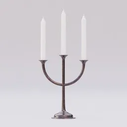 Realistic 3D model of a metal triple candlestick with white candles, compatible with Blender.