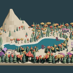 Stylized low-poly autumnal landscape with colorful trees, a mountain, a lake, and a cabin created in Blender 3D.