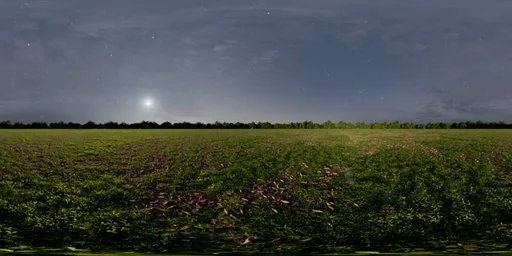 Serene open field with a clear blue sky, green/brown grass and scattered leaves, creating a peaceful HDR scene.