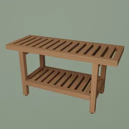 Detailed wooden 3D model bench with two-tier shelf design, ideal for spa and bathroom rendering in Blender.